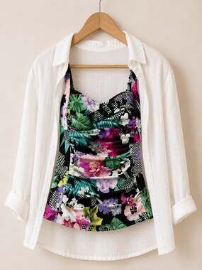 Hapari Floral Ruched Tankini Swim Top Black Tropical Swimwear Women S 4-6